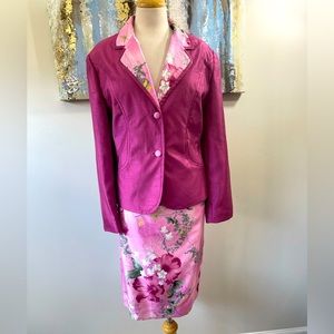 MORGAN MILLER Women 2PCS Floral Pink Green, White, Yellow Skirt Suit Size 18